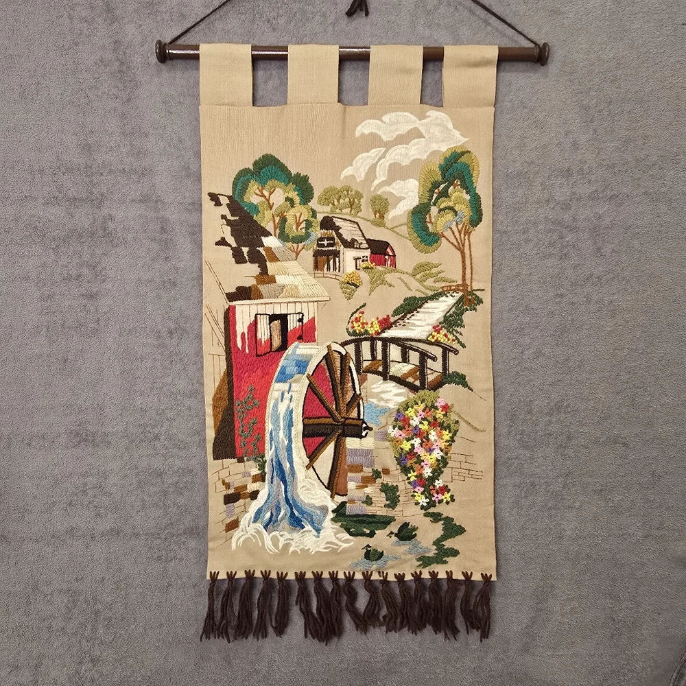 Vintage Wall Hanging Hand Embroidered Farm, Floral and Mill Scene 1960’s
